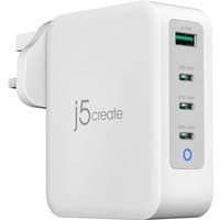 White j5create 130W GaN USB-C charger with four ports and UK plug, featuring LED indicator and sleek design.