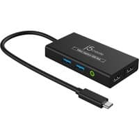Black j5create JVA01-N Video Capture USB Hub with two USB ports, HDMI port, and attached USB-C cable.