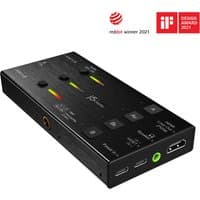Black j5create JVA06 Dual HDMI Video Capture Card with 3 HDMI ports, 2 USB ports, and LED indicators.