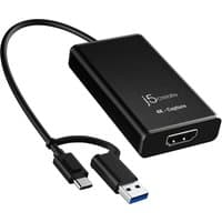 Black j5create JVA11-N 4K HDMI Capture Adapter with USB and USB-C connectors, sleek rectangular design.