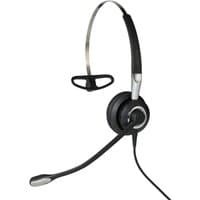 Jabra Biz 2400 II Mono headset with black ear cushion, flexible boom mic, and silver headband.