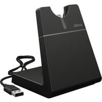 Black Jabra Engage Desk Stand USB-A with sleek design, integrated charging slot, and attached USB cable.