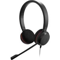 Black Jabra Evolve 20 SE wired headset with padded ear cushions, adjustable headband, and flexible boom microphone.