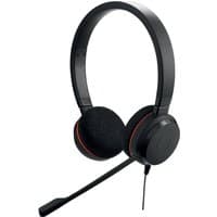 Black Jabra Evolve 20 UC Stereo headset with padded ear cups, adjustable headband, and flexible boom microphone.