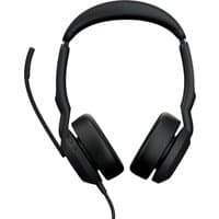 Black Jabra Evolve2 50 USB-A UC Stereo headset with padded ear cups and adjustable headband, featuring a boom microphone.