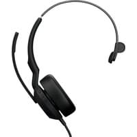 Black Jabra Evolve2 50 mono headset with USB-C/A connection, adjustable headband, and cushioned ear pad.