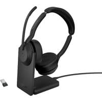 Black Jabra Evolve2 55 stereo headset with cushioned ear cups, adjustable headband, USB dongle, and charging stand.
