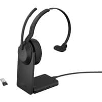 Black Jabra Evolve2 55 mono headset with USB dongle and charging stand, featuring cushioned ear pad and adjustable headband.