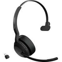 Jabra Evolve2 55 mono headset, black with cushioned ear pad, adjustable headband, and USB-C dongle.
