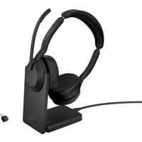 Black Jabra Evolve2 55 stereo headset with cushioned ear cups, adjustable headband, and charging stand.