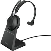 Black Jabra Evolve2 65 mono headset with USB-A, charging stand, cushioned ear pad, and adjustable headband.