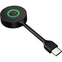 Black Jabra Link 400c USB-C adapter with circular design, green LED ring, and short cable connector.