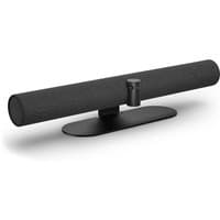 Black Jabra PanaCast 50 video bar with cylindrical design, central camera, and oval base stand.
