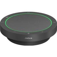Dark grey Jabra Speak2 40 MS Teams speakerphone with circular design, green LED ring, and touch controls.