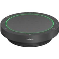 Dark grey Jabra Speak2 55 speakerphone with circular design, green LED ring, and touch controls for MS Teams.