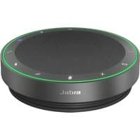 Dark grey Jabra Speak2 75 speakerphone with green LED ring and touch controls for MS Teams.