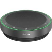 Dark grey Jabra Speak2 75 UC speakerphone with green LED ring, touch controls, and Link 380c connectivity.