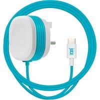 Blue and white Juice smartphone and tablet charger with UK plug and USB-C connector.