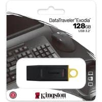 Black Kingston DataTraveler Exodia USB 3.2 flash drive, 128GB, with yellow loop, in packaging with keyboard image.