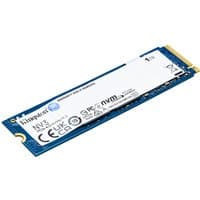 Kingston NV3 M.2 2280 NVMe SSD with blue circuit board, white label, and gold connector.