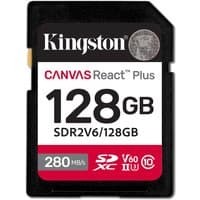 Kingston 128GB Canvas React Plus SDXC card, black with red and white label, UHS-II, 280MB/s read, 100MB/s write.