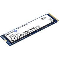 Blue and white Kingston NV3 M.2 2280 NVMe SSD with 4TB capacity, featuring branding and technical specifications.