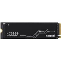 Black Kingston KC3000 M.2 2280 NVMe SSD with white circuit design and gold connector edge.