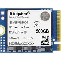 Blue Kingston 500GB NVMe SSD with white label, black text, and gold connector pins.