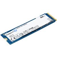 Blue Kingston 500G NV3 M.2 2280 NVMe SSD with white label and gold connector edge.