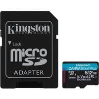Black Kingston 512GB microSDXC card with blue label, A2 U3 V30 specs, and matching black adapter.