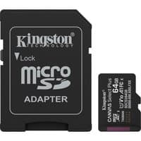 Kingston 64GB microSDXC card with black adapter, white text, and pink accent.