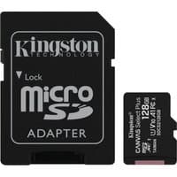 Kingston 128GB microSDXC card with black adapter, white text, and pink accent on card.