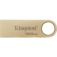 Kingston 128GB USB 3.2 flash drive, metallic gold finish, rectangular with a circular keyring hole.