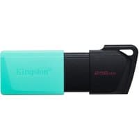 Black and teal Kingston USB flash drive, 256GB, with sliding cover and keyring loop.