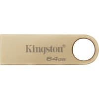 Kingston 64GB metal USB flash drive with circular keyring hole and engraved logo.