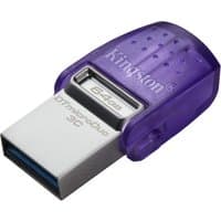 Kingston 64GB microDuo USB drive, purple cap, dual USB-A and USB-C connectors, silver body with logo.