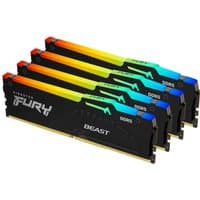 Kingston FURY Beast DDR5 RAM kit, 4 black DIMMs with RGB lighting and 128GB capacity, 5600MT/s speed.