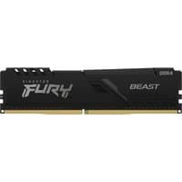 Black Kingston FURY Beast 32GB DDR4 RAM with silver logo, angular design, and gold connectors.