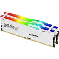White Kingston FURY Beast DDR5 RAM kit with RGB lighting, 32GB, 5600MT/s, CL36, featuring sleek design and bold branding.
