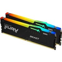 Black Kingston FURY Beast DDR5 RAM kit, RGB lighting on top edge, 32GB, 6000MT/s, CL36, two DIMMs with bold branding.