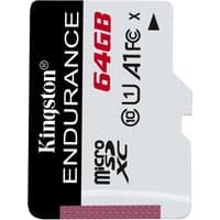 Kingston 64GB microSD card, white with black and red text, UHS-I Class 10, High Endurance branding.