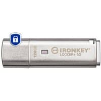 Silver Kingston IronKey 128GB USB with AES 256-bit encryption, featuring a lock icon and compact design.