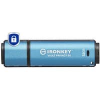 Blue Kingston IronKey 32GB USB drive with black accents and lock icon, featuring AES-256 encryption.