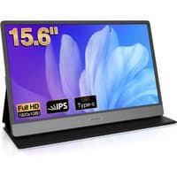 Koorui 15.6" FHD portable monitor with slim black bezel, IPS display, and USB Type-C connectivity, showing a blue flower.