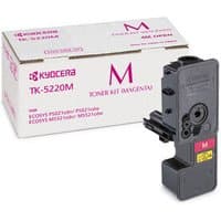 Black Kyocera TK-5220M original magenta toner cartridge with magenta label, next to white branded box.