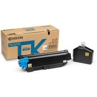 KYOCERA TK-5270C cyan toner cartridge, black with blue cap, next to brown box and black waste container.