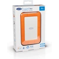 Orange and silver LaCie Rugged Mini 2TB external hard drive in retail box, featuring shock-resistant design.