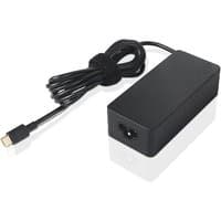 Black Lenovo 65W power adapter with rectangular design and attached cable, featuring a USB-C connector.