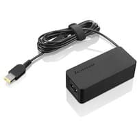 Black Lenovo 45W power adapter with rectangular design and attached cable featuring a yellow-tipped connector.