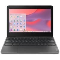 Lenovo 100e Chromebook Gen 4, 11.6-inch, black, with a compact keyboard and vibrant screen displaying app icons.